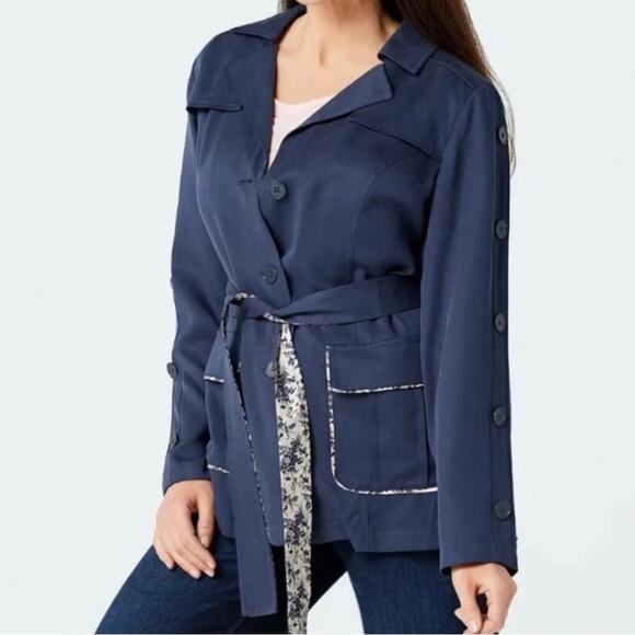 Laurie Felt Navy Fitted Belted Utility Jacket Blazer Contrast Printed Belt Sz 8 - Picture 1 of 16